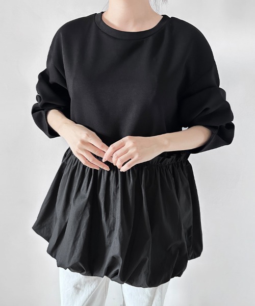 ONEP STAR(ワンピスター)の「ウエストギャザー入りペプラム風トップス(Tシャツ/カットソー・レディース・ブラウン/ベージュ/ブラック・FREE)」の1枚目の写真