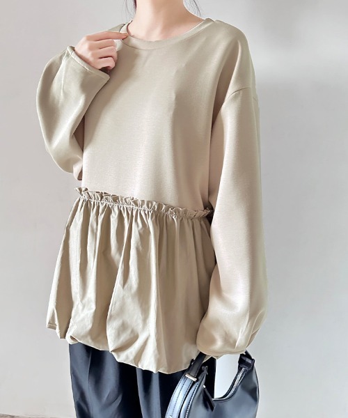 ONEP STAR(ワンピスター)の「ウエストギャザー入りペプラム風トップス(Tシャツ/カットソー・レディース・ブラウン/ベージュ/ブラック・FREE)」の5枚目の写真