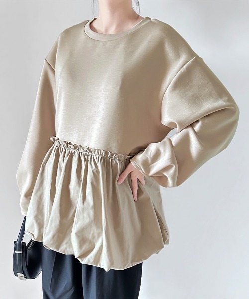 ONEP STAR(ワンピスター)の「ウエストギャザー入りペプラム風トップス(Tシャツ/カットソー・レディース・ブラウン/ベージュ/ブラック・FREE)」の6枚目の写真