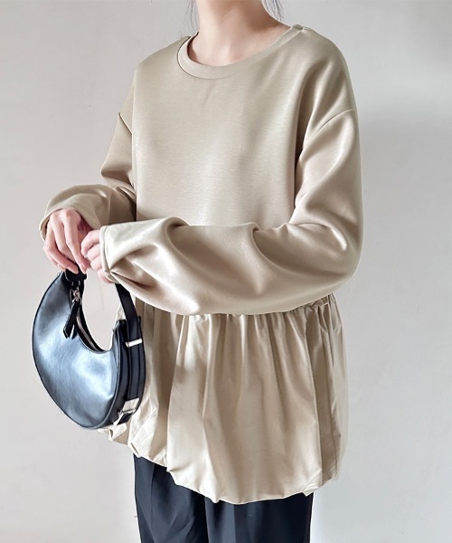 ONEP STAR(ワンピスター)の「ウエストギャザー入りペプラム風トップス(Tシャツ/カットソー・レディース・ブラウン/ベージュ/ブラック・FREE)」の7枚目の写真
