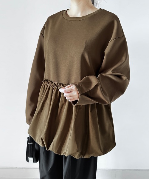 ONEP STAR(ワンピスター)の「ウエストギャザー入りペプラム風トップス(Tシャツ/カットソー・レディース・ブラウン/ベージュ/ブラック・FREE)」の10枚目の写真