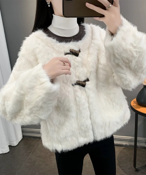 セール】くるみボタンフェイクファーショートブルゾン（ノーカラー