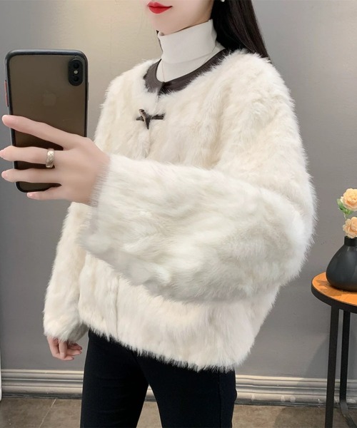 セール】くるみボタンフェイクファーショートブルゾン（ノーカラー