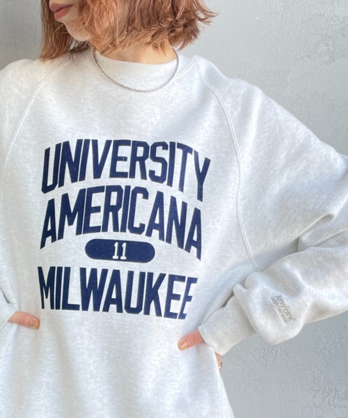 Americana/アメリカーナ] ボリュームスリーブ カレッジロゴスウェット