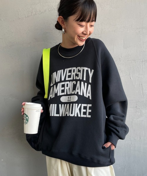 Americana/アメリカーナ] ボリュームスリーブ カレッジロゴスウェット