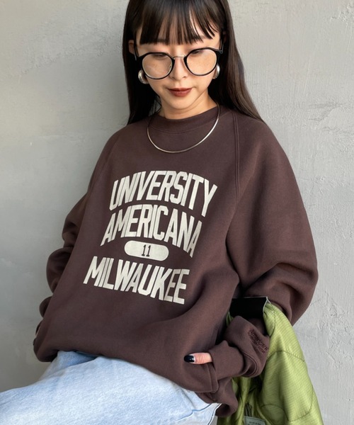 Americana/アメリカーナ] ボリュームスリーブ カレッジロゴスウェット