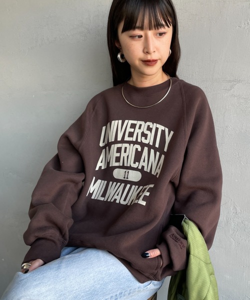 Americana/アメリカーナ] ボリュームスリーブ カレッジロゴスウェット