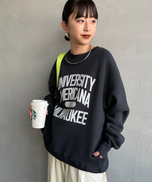 Americana/アメリカーナ] ボリュームスリーブ カレッジロゴスウェット