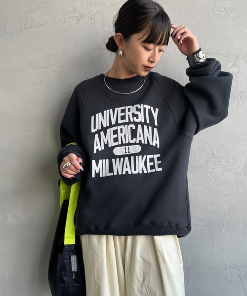 Americana/アメリカーナ] ボリュームスリーブ カレッジロゴスウェット