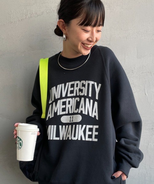 Americana/アメリカーナ] ボリュームスリーブ カレッジロゴスウェット