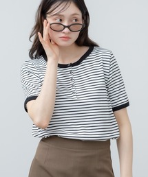 ヘンリーネックボーダーリブカットソー / ヘンリーネック 細ボーダー リブ トップス 半袖 カットソー 夏服 春服 韓国 フレンチ ガーリー トラッド カジュアル ノームコア ブラック オフホワイト 黒 白 シンプル