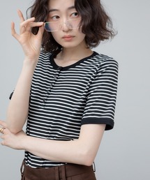 ヘンリーネックボーダーリブカットソー / ヘンリーネック 細ボーダー リブ トップス 半袖 カットソー 夏服 春服 韓国 フレンチ ガーリー トラッド カジュアル ノームコア ブラック オフホワイト 黒 白 シンプル