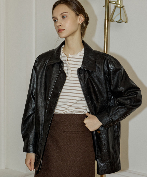 NONLOCAL(ノンローカル)の「Hidden Button Faux Leather Half Jacket - Black(ライダースジャケット・レディース・その他・FREE)」の1枚目の写真