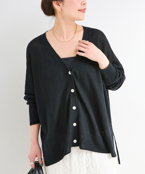 B.C STOCK(ベーセーストック)の「手洗い可 / FRENCH ICY LINEN ワイドカーディガン(カーディガン/ボレロ・レディース・ブラック/ホワイト/ピンク/ブルー・FREE)」の2枚目の写真