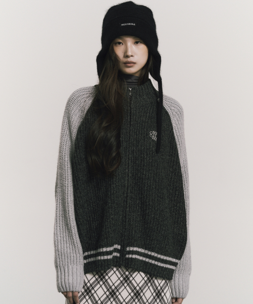 RAGLAN RIB HALF ZIP KNIT CARDIGAN_CHARCOAL