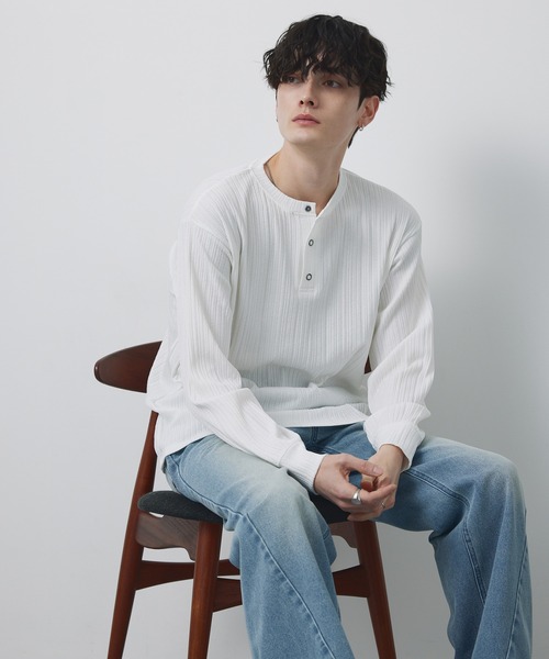 CIYOT(シヨウト)の「【CIYOT-シヨウト-】テレコリブ ニットライク ヘンリーネック 長袖 Tシャツ(Tシャツ/カットソー・メンズ・ダークネイビー/ダークブラウン/ダークグレー/ブラック/オフホワイト・M/L)」の12枚目の写真