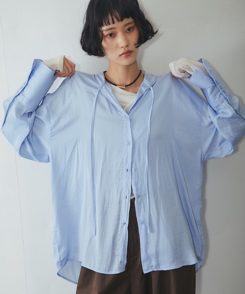 ANOTHER S(アナザーエス)の「フード付きシャツ(Tシャツ/カットソー・レディース・ブルー/オフホワイト/ブラック・FREE)」の13枚目の写真