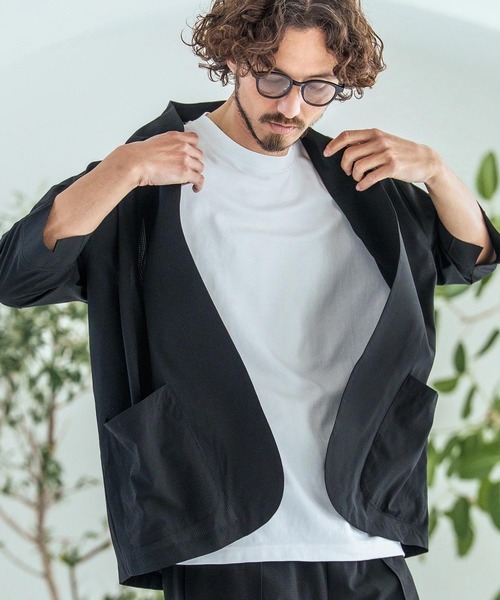 mj11431-Dot Air Fabric Seven-Sleeve Jacket 7分袖ラペルレス
