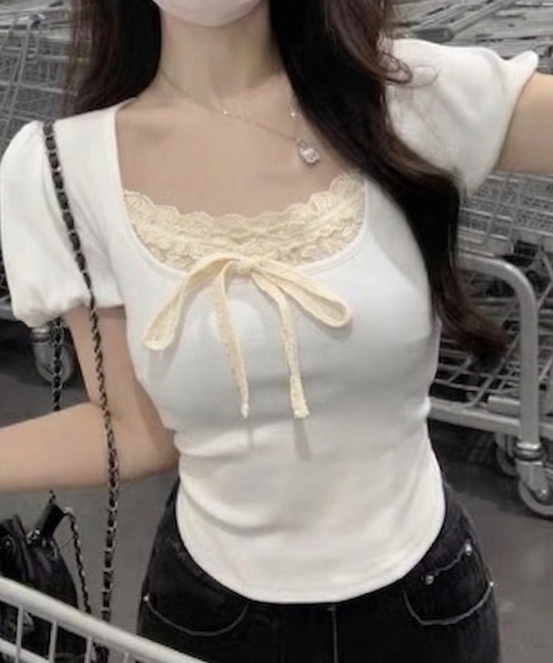 lulufa(ルルファ)の「フロントリボンレースデザインタイトTシャツ(Tシャツ/カットソー・レディース・ホワイト/ブラック・LARGE/MEDIUM)」の10枚目の写真