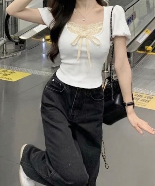 lulufa(ルルファ)の「フロントリボンレースデザインタイトTシャツ(Tシャツ/カットソー・レディース・ホワイト/ブラック・LARGE/MEDIUM)」の13枚目の写真