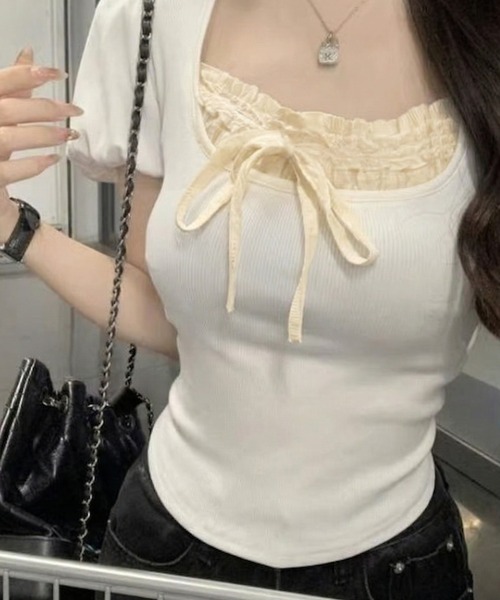 lulufa(ルルファ)の「フロントリボンレースデザインタイトTシャツ(Tシャツ/カットソー・レディース・ホワイト/ブラック・LARGE/MEDIUM)」の11枚目の写真