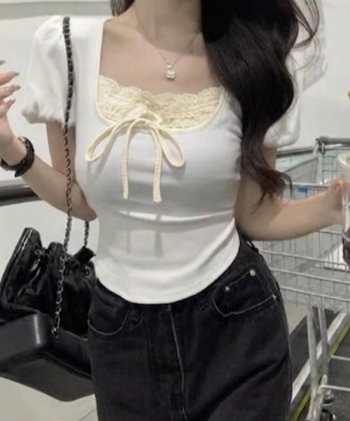 lulufa(ルルファ)の「フロントリボンレースデザインタイトTシャツ(Tシャツ/カットソー・レディース・ホワイト/ブラック・LARGE/MEDIUM)」の12枚目の写真