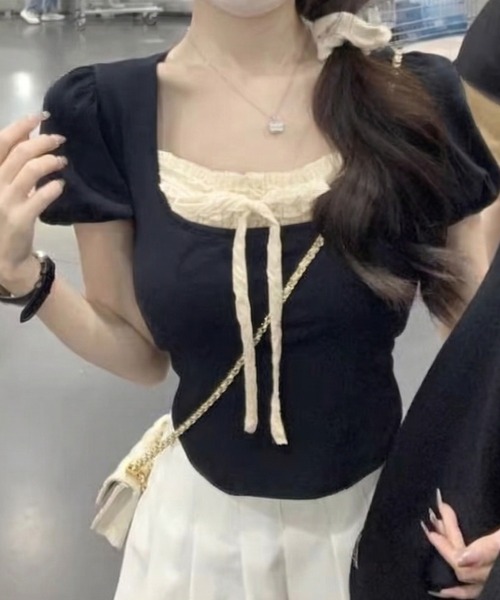 lulufa(ルルファ)の「フロントリボンレースデザインタイトTシャツ(Tシャツ/カットソー・レディース・ホワイト/ブラック・LARGE/MEDIUM)」の7枚目の写真