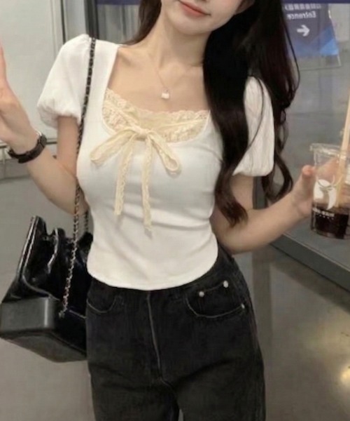 lulufa(ルルファ)の「フロントリボンレースデザインタイトTシャツ(Tシャツ/カットソー・レディース・ホワイト/ブラック・LARGE/MEDIUM)」の14枚目の写真