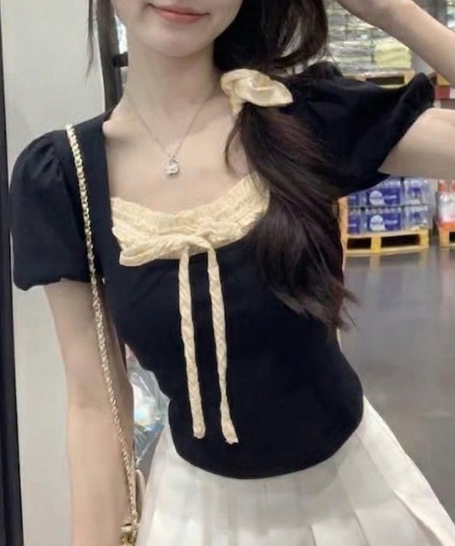 lulufa(ルルファ)の「フロントリボンレースデザインタイトTシャツ(Tシャツ/カットソー・レディース・ホワイト/ブラック・LARGE/MEDIUM)」の8枚目の写真