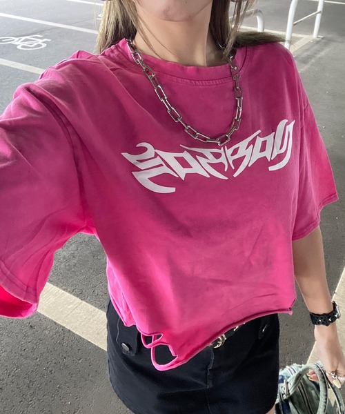 non-hedge（ノンヘッジ）の「ダメージ加工ショート丈Tシャツ（Tシャツ/カットソー・レディース・オフホワイト/ピンク/ブラック・FREE）」の3枚目の写真