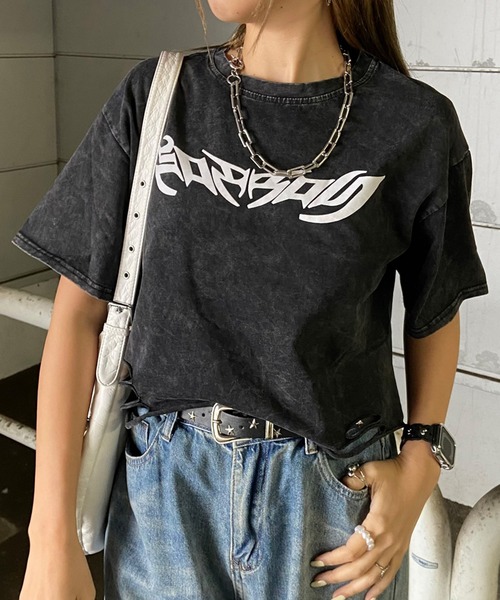non-hedge（ノンヘッジ）の「ダメージ加工ショート丈Tシャツ（Tシャツ/カットソー・レディース・オフホワイト/ピンク/ブラック・FREE）」の2枚目の写真