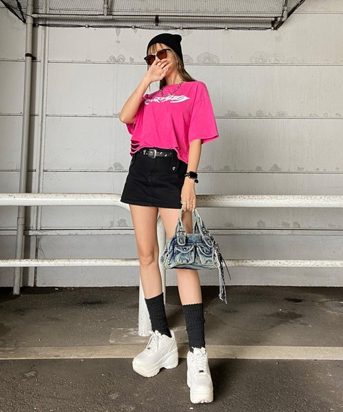 non-hedge（ノンヘッジ）の「ダメージ加工ショート丈Tシャツ（Tシャツ/カットソー・レディース・オフホワイト/ピンク/ブラック・FREE）」の4枚目の写真