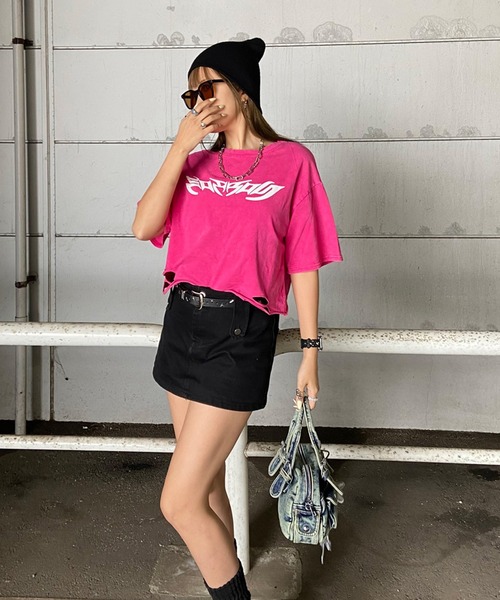 non-hedge（ノンヘッジ）の「ダメージ加工ショート丈Tシャツ（Tシャツ/カットソー・レディース・オフホワイト/ピンク/ブラック・FREE）」の5枚目の写真
