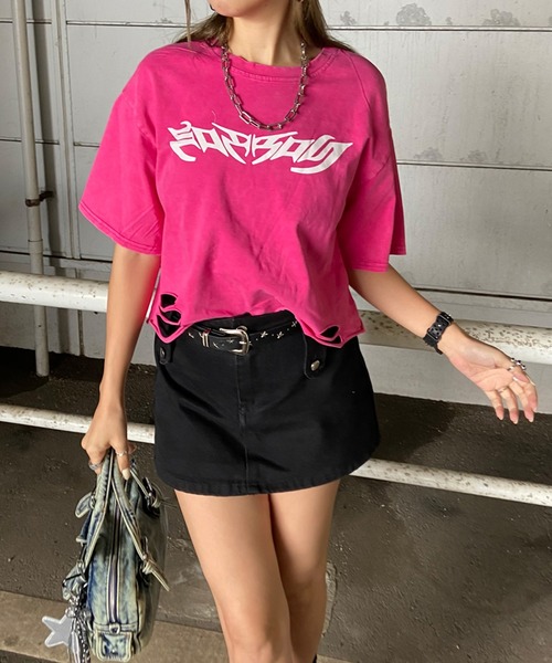 non-hedge（ノンヘッジ）の「ダメージ加工ショート丈Tシャツ（Tシャツ/カットソー・レディース・オフホワイト/ピンク/ブラック・FREE）」の8枚目の写真