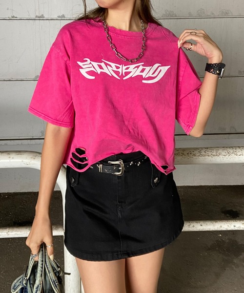 non-hedge（ノンヘッジ）の「ダメージ加工ショート丈Tシャツ（Tシャツ/カットソー・レディース・オフホワイト/ピンク/ブラック・FREE）」の9枚目の写真