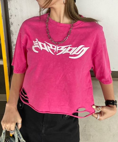 non-hedge（ノンヘッジ）の「ダメージ加工ショート丈Tシャツ（Tシャツ/カットソー・レディース・オフホワイト/ピンク/ブラック・FREE）」の11枚目の写真