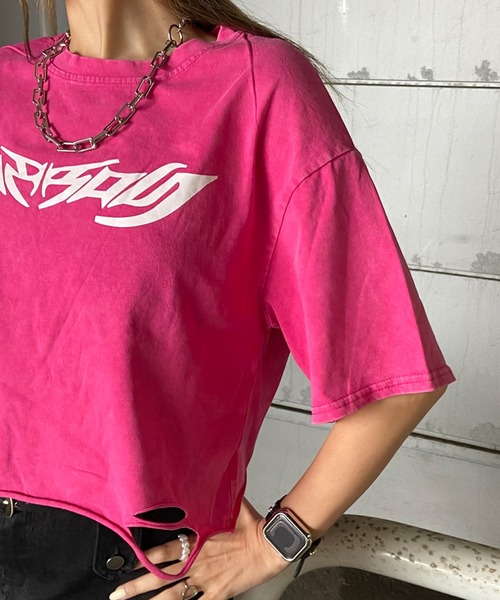 non-hedge（ノンヘッジ）の「ダメージ加工ショート丈Tシャツ（Tシャツ/カットソー・レディース・オフホワイト/ピンク/ブラック・FREE）」の14枚目の写真