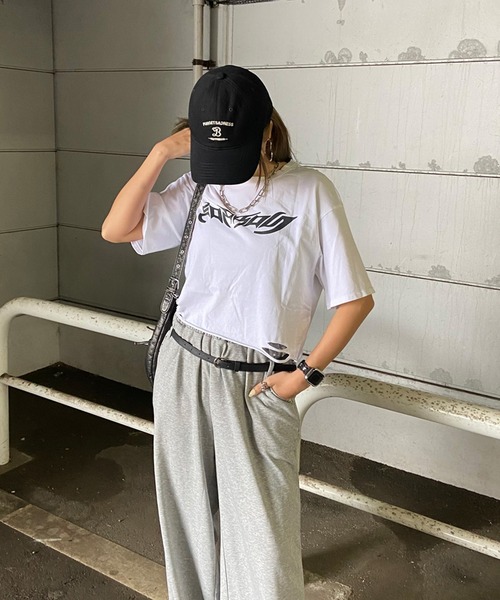 non-hedge（ノンヘッジ）の「ダメージ加工ショート丈Tシャツ（Tシャツ/カットソー・レディース・オフホワイト/ピンク/ブラック・FREE）」の19枚目の写真