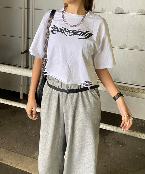 non-hedge（ノンヘッジ）の「ダメージ加工ショート丈Tシャツ（Tシャツ/カットソー・レディース・オフホワイト/ピンク/ブラック・FREE）」の20枚目の写真