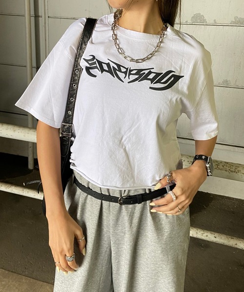 non-hedge（ノンヘッジ）の「ダメージ加工ショート丈Tシャツ（Tシャツ/カットソー・レディース・オフホワイト/ピンク/ブラック・FREE）」の21枚目の写真