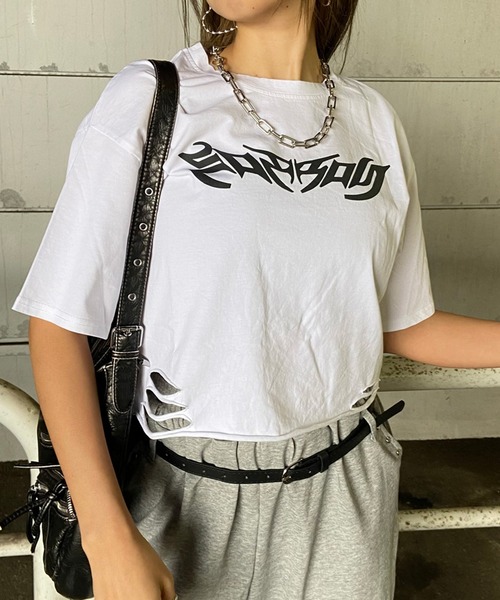 non-hedge（ノンヘッジ）の「ダメージ加工ショート丈Tシャツ（Tシャツ/カットソー・レディース・オフホワイト/ピンク/ブラック・FREE）」の22枚目の写真