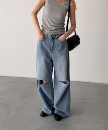 Knee Pin-Tuck Stitched Denim Pants (Black)（デニムパンツ）｜AAKAM