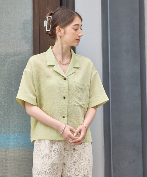 GEORGE'S（ジョージズ）の「リネンレーヨン開襟シャツ（シャツ/ブラウス・レディース・オフホワイト/ブラウン/グリーン・FREE）」の3枚目の写真