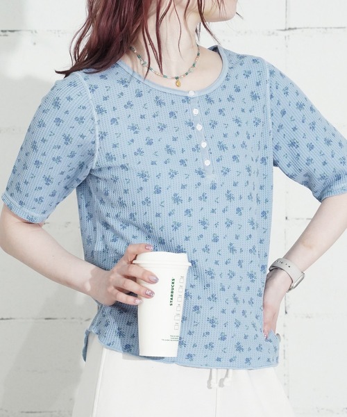 JEMORGAN(ジェーイーモーガン)の「"04"≪JEMORGAN≫パックT ワッフル 花柄 ハーフスリーブ ヘンリーネック Tシャツ ピグメント染め(Tシャツ/カットソー・レディース・イエロー系1/ダルブルー系1/グレー系1/ライトグリーン系1・FREE)」の4枚目の写真