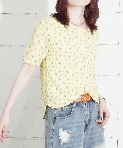 JEMORGAN(ジェーイーモーガン)の「"04"≪JEMORGAN≫パックT ワッフル 花柄 ハーフスリーブ ヘンリーネック Tシャツ ピグメント染め(Tシャツ/カットソー・レディース・イエロー系1/ダルブルー系1/グレー系1/ライトグリーン系1・FREE)」の1枚目の写真