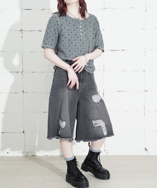 JEMORGAN(ジェーイーモーガン)の「"04"≪JEMORGAN≫パックT ワッフル 花柄 ハーフスリーブ ヘンリーネック Tシャツ ピグメント染め(Tシャツ/カットソー・レディース・イエロー系1/ダルブルー系1/グレー系1/ライトグリーン系1・FREE)」の5枚目の写真
