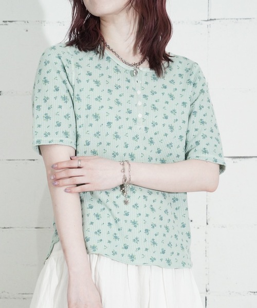 JEMORGAN(ジェーイーモーガン)の「"04"≪JEMORGAN≫パックT ワッフル 花柄 ハーフスリーブ ヘンリーネック Tシャツ ピグメント染め(Tシャツ/カットソー・レディース・イエロー系1/ダルブルー系1/グレー系1/ライトグリーン系1・FREE)」の8枚目の写真