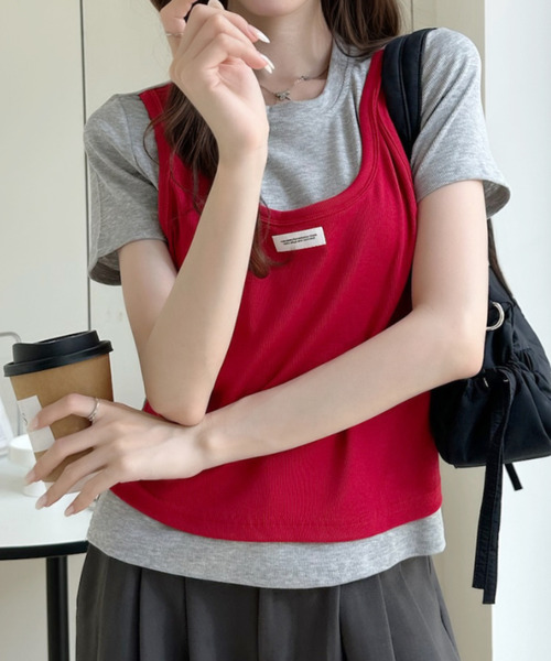 Ada.(エイダ)の「フェイク レイヤード バイカラー タンクトップ ドッキング カットソー(Tシャツ/カットソー・レディース・レッド/ネイビー/ベージュ/グレー・FREE)」の13枚目の写真