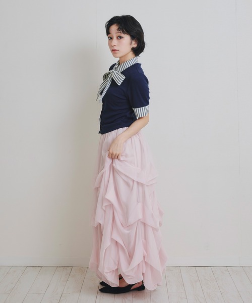 REDYAZEL(レディアゼル)の「ストライプリボンタイレイヤードニットトップス(ニット/セーター・レディース・ネイビー/レッド/キナリ・FREE)」の5枚目の写真