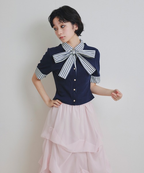 REDYAZEL(レディアゼル)の「ストライプリボンタイレイヤードニットトップス(ニット/セーター・レディース・ネイビー/レッド/キナリ・FREE)」の14枚目の写真